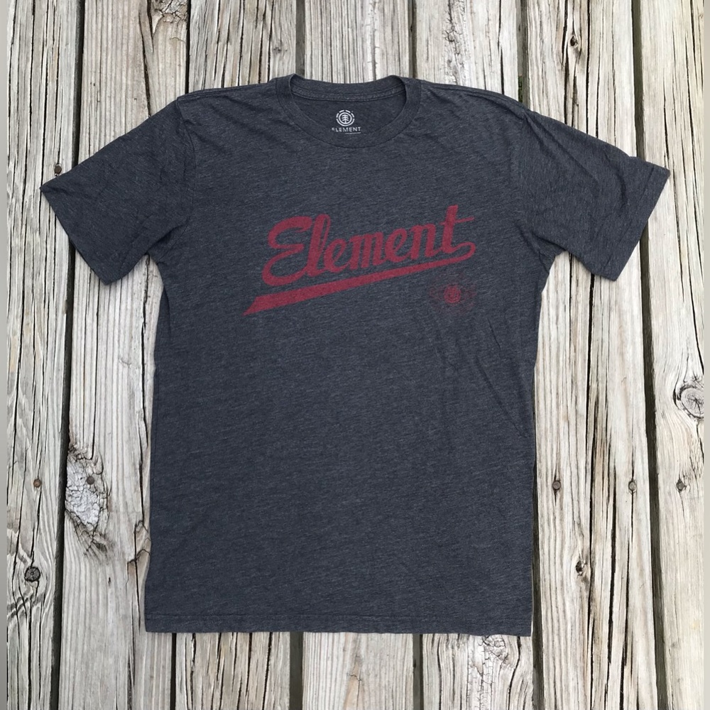 Mens L ELEMENT Heathered Grey Red Front Graphic Logo Shortsleeved Tshirt Skater